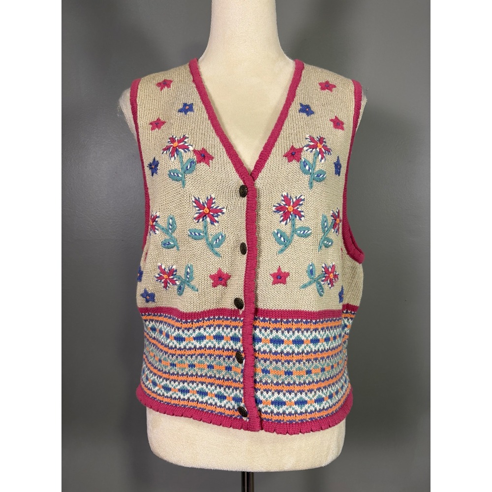 Vintage Lizwear Floral Embroidered Sweater Vest M Cottagecore Grandma Country - Picture 2 of 6